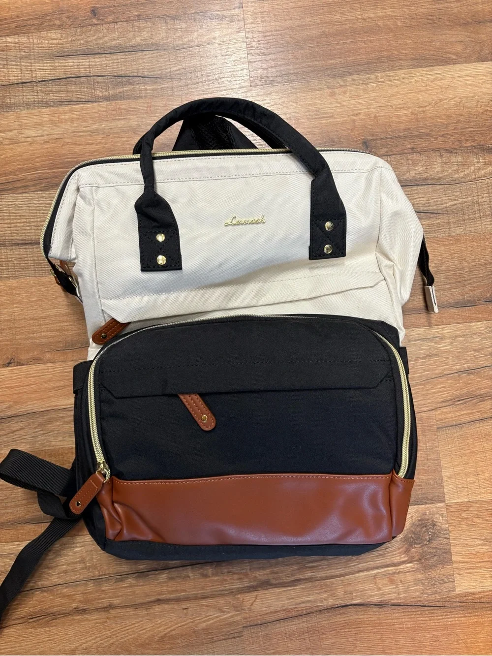 Brand New Two-Tone Canvas & Faux Leather Backpack - Black & Cream